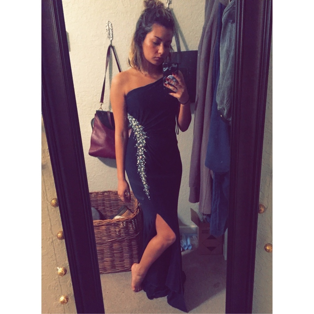 Navy Blue Gown with hand stitched rhinestones